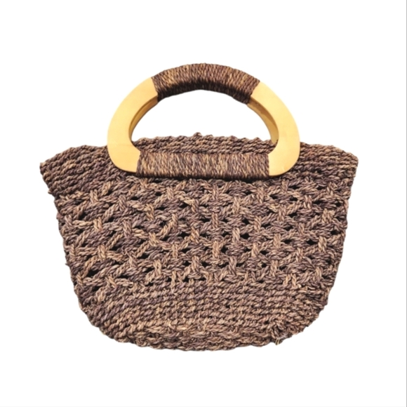 Straw Bag with Wooden Round Handle - Picture 1 of 3